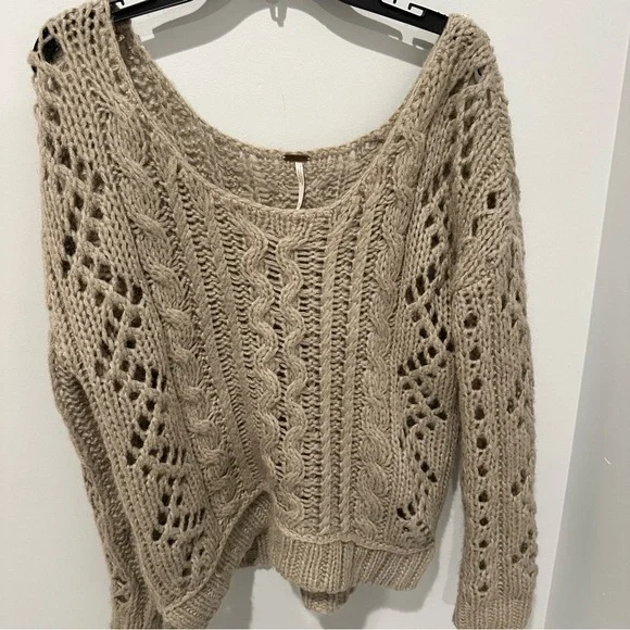 Free People Maribel Sweater Cable Knit in Fawn - Size Medium - Picture 3 of 5